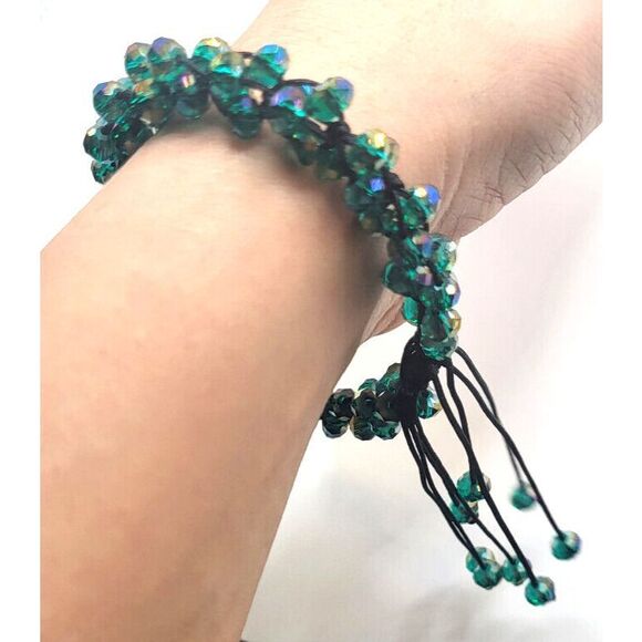 Crystal Emerald AB Peacock Rondelle Beads Iridescent Bracelet Slide Knot 8in - Picture 4 of 5
